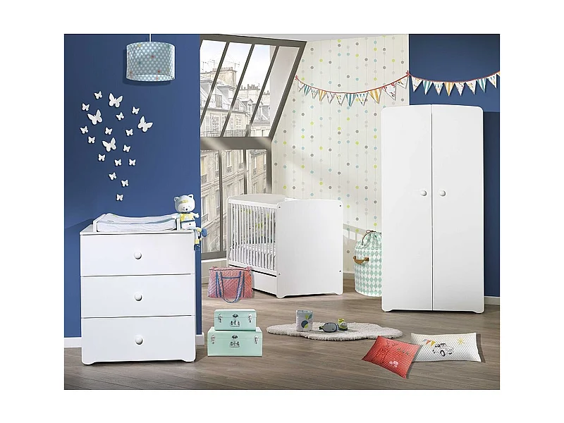 Chambre complète bébé avec lit 120x60cm, commode à langer et armoire 2 portes BASIC - BabyPrice