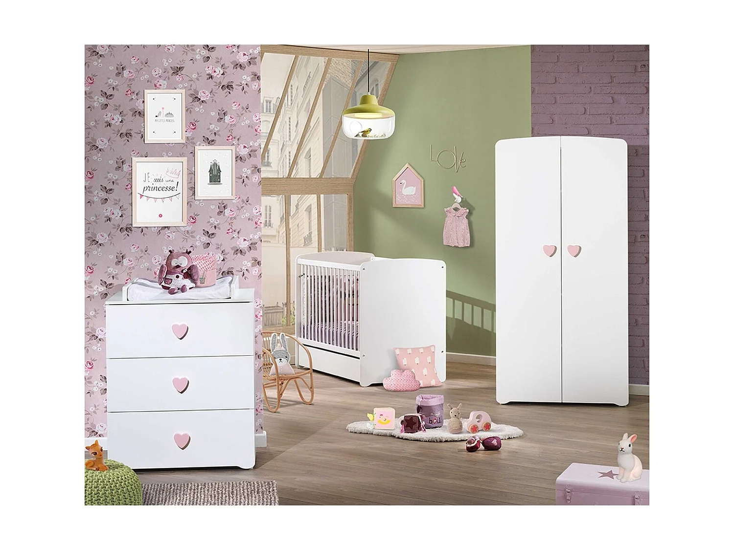 Conjunto de muebles para bebé con cuna 120x60?cm, cómoda con cambiador y armario de 2 puertas