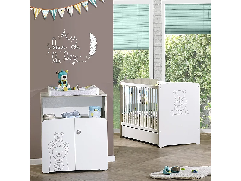 Chambre duo lit et Commode à langer en bois blanc TEDDY - BabyPrice