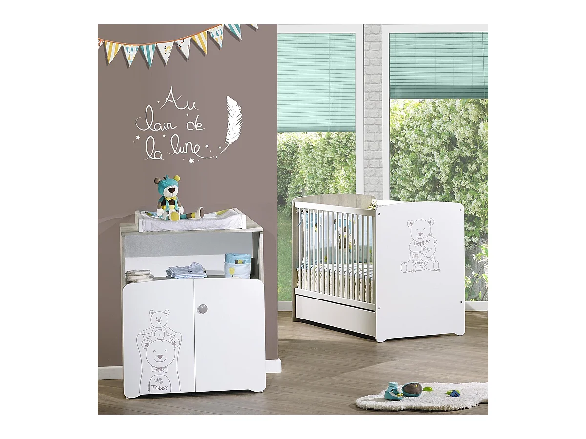 Dormitorio dúo cama y cambiador en madera blanca