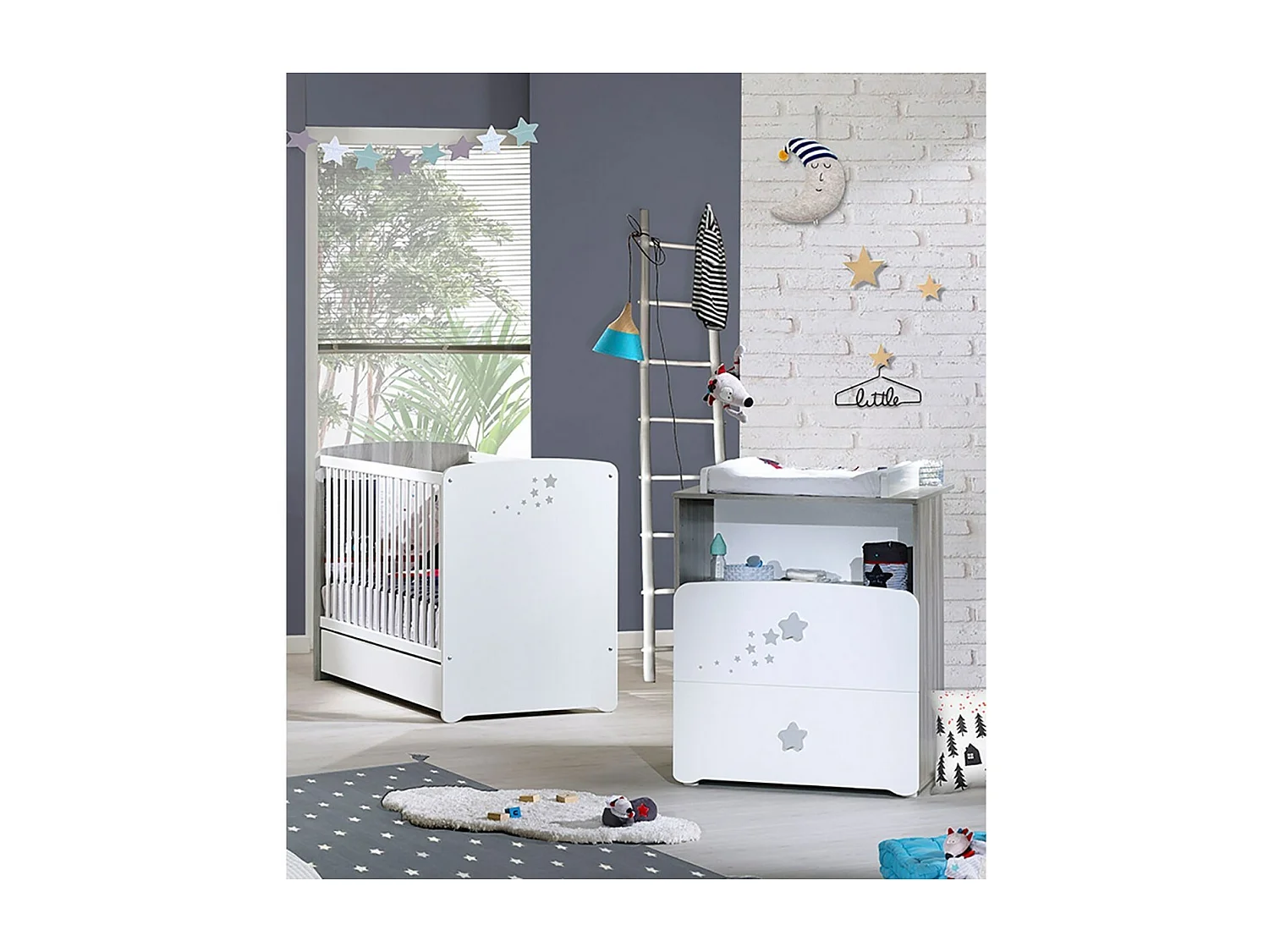 Chambre duo lit et Commode et une niche en bois blanc NAO - BabyPrice