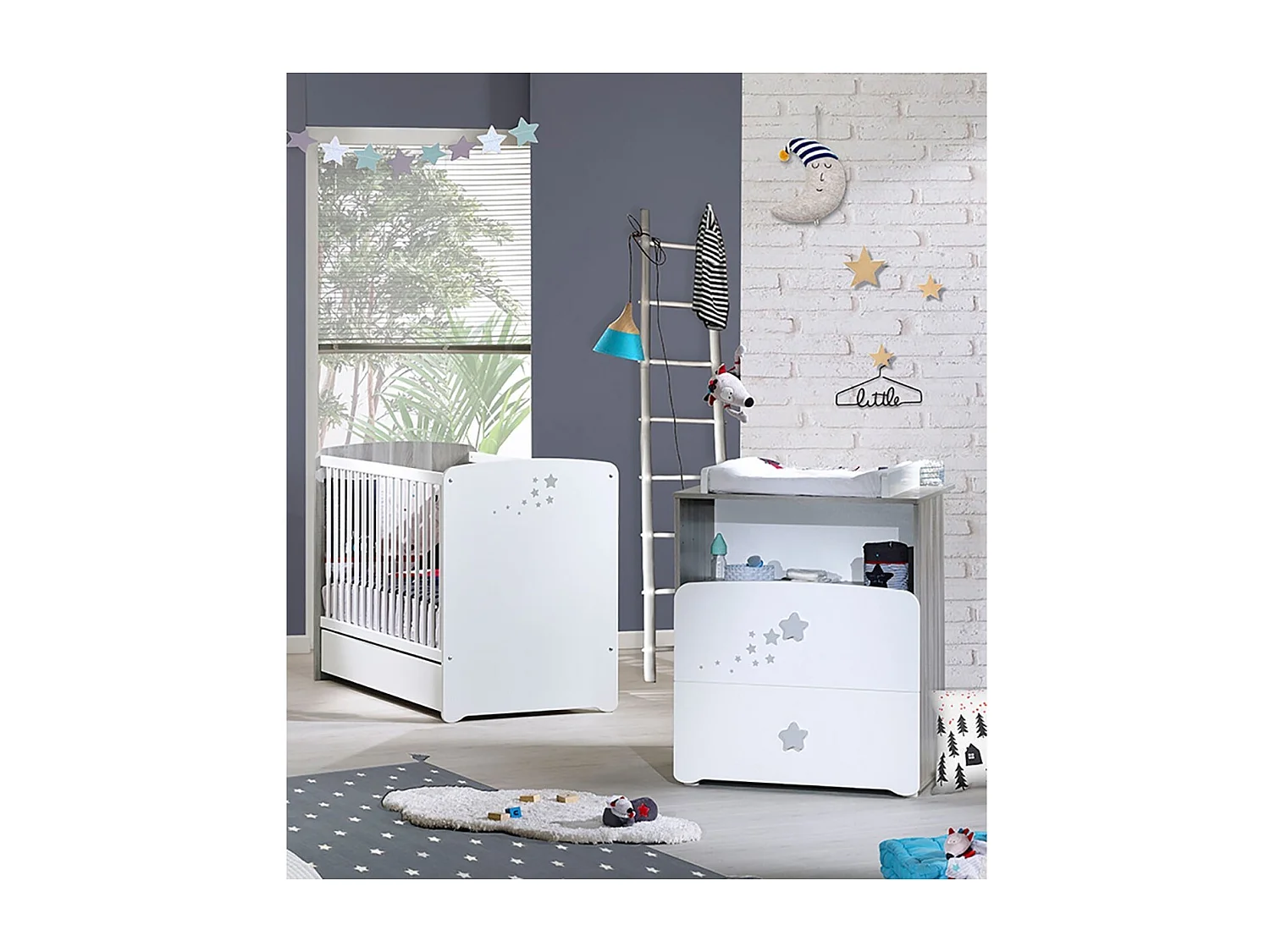 Chambre duo lit et Commode et une niche en bois blanc NAO - BabyPrice