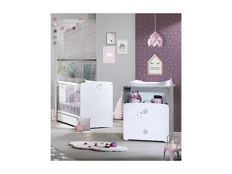 Chambre duo lit et Commode et une niche en bois blanc NAO - BabyPrice