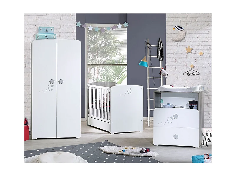 Chambre trio lit et Commode et Armoire en bois blanc NAO - BabyPrice