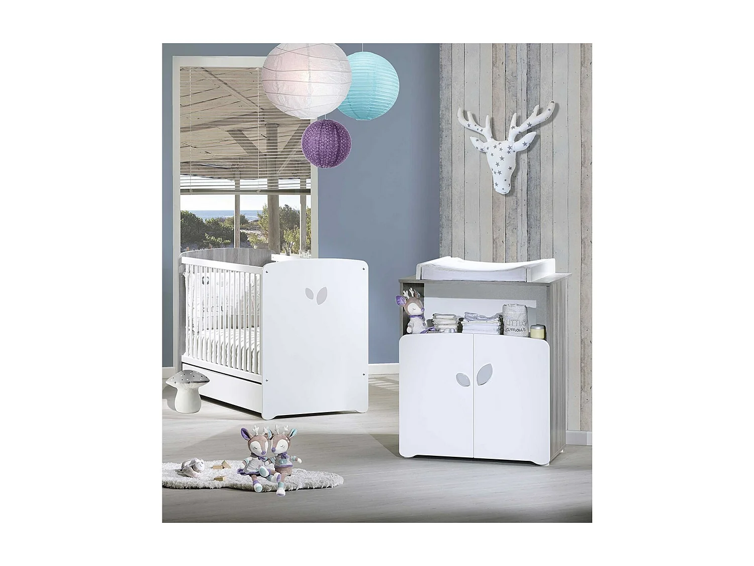 Chambre duo lit et Commode à langer en bois blanc LEAF - BabyPrice