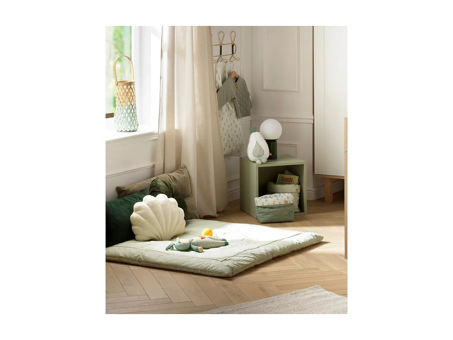 Grand tapis 100x100 cm en Lin Vert tilleul BOTANICA - Sauthon
