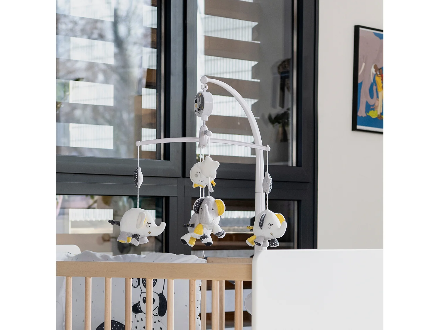 Mobile musical bébé Eléphant en coton gris BABYFAN - Sauthon