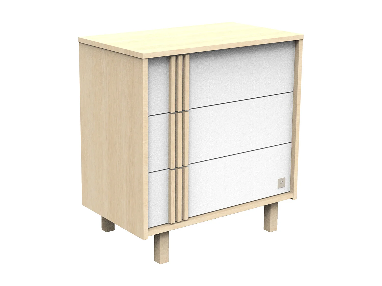 Commode 3 tiroirs en décor chêne velours et blanc avec appliques en bois NATURE - Sauthon