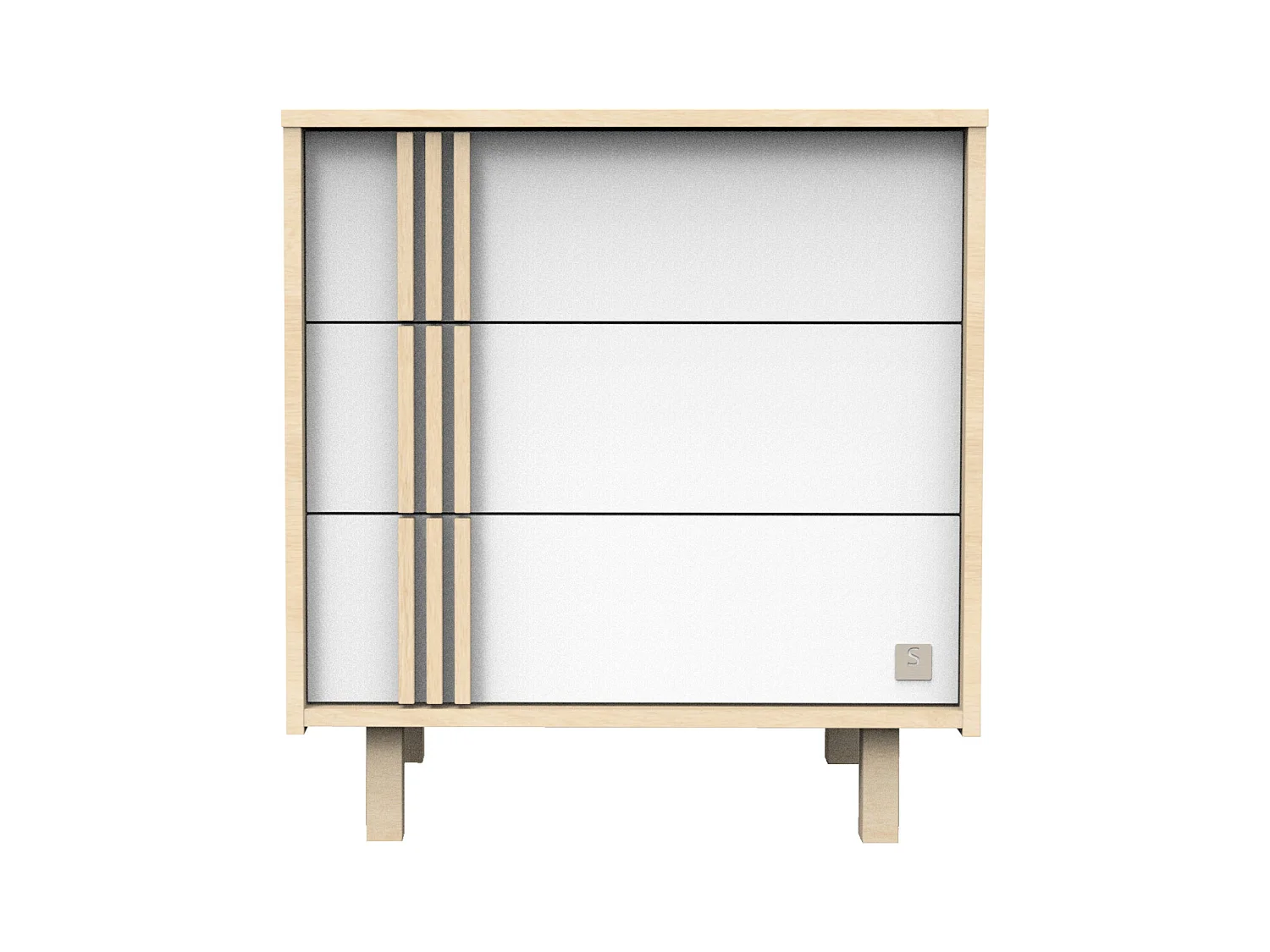 Commode 3 tiroirs en décor chêne velours et blanc avec appliques en bois NATURE - Sauthon