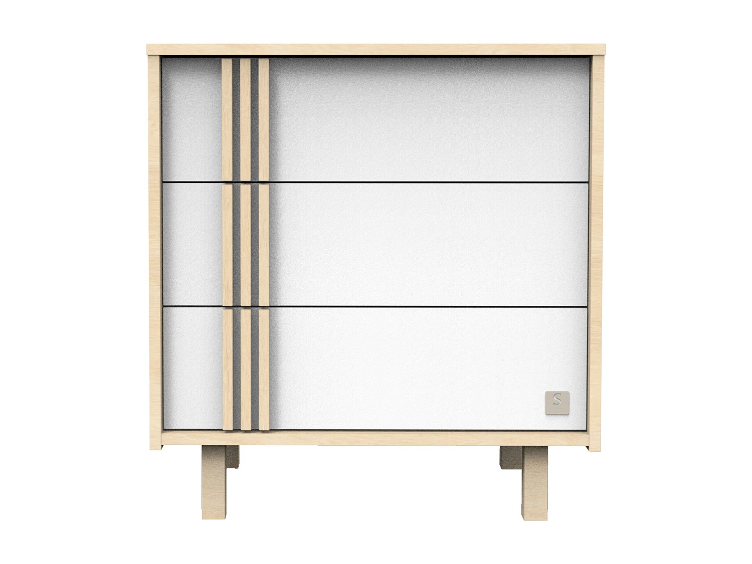 Commode 3 tiroirs en décor chêne velours et blanc avec appliques en bois NATURE - Sauthon