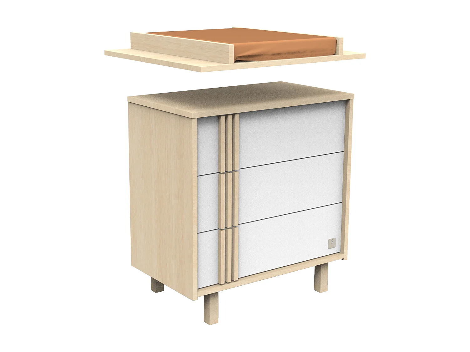 Commode 3 tiroirs en décor chêne velours et blanc avec appliques en bois NATURE - Sauthon