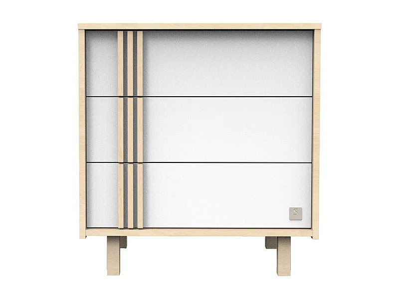 Cassettiera a 3 cassetti in velluto di quercia e decoro bianco con applicazioni in legno