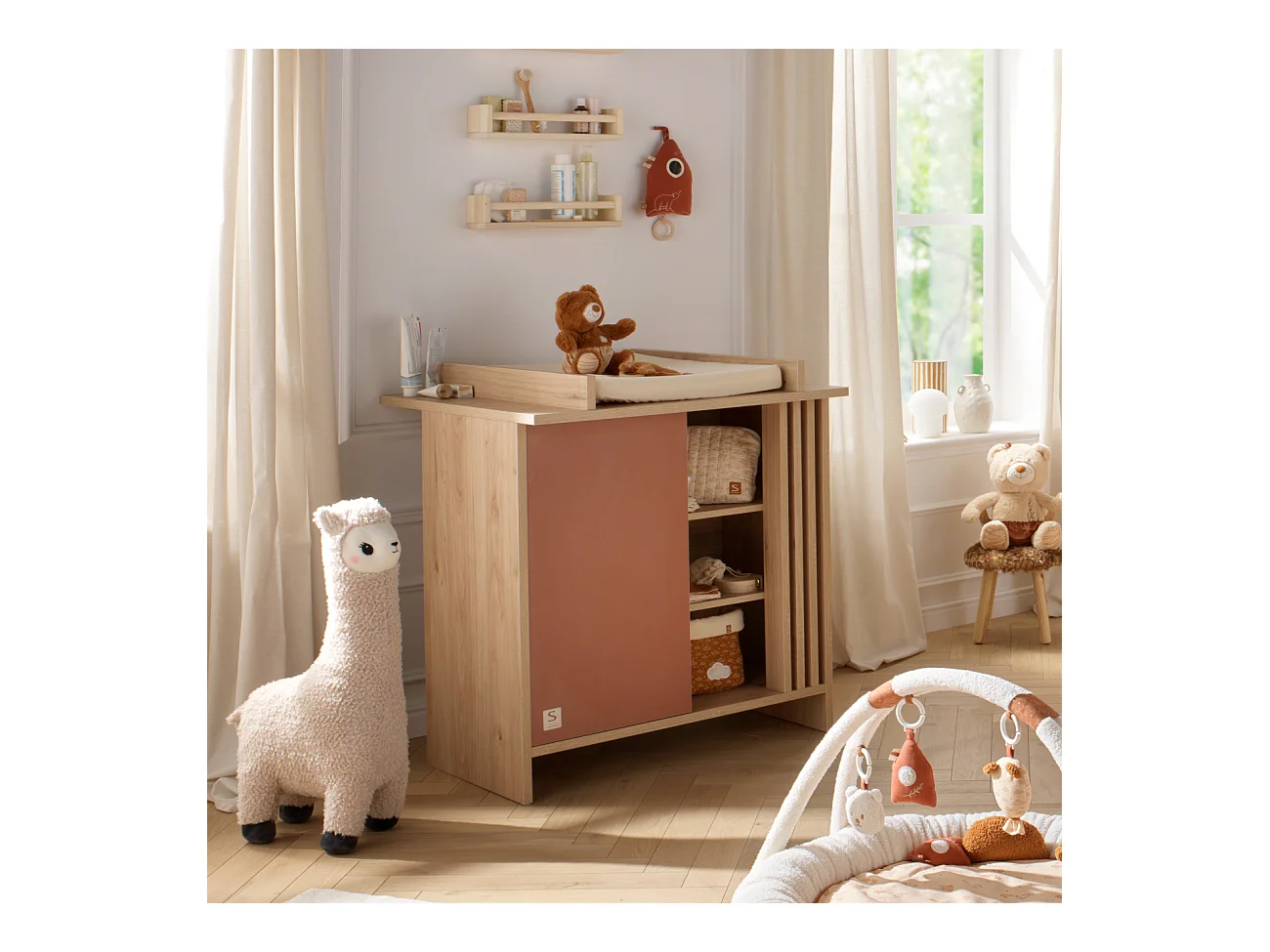 Commode 1 porte colorée et 3 niches avec claustra en bois décor chêne Suave TOKYO - Sauthon