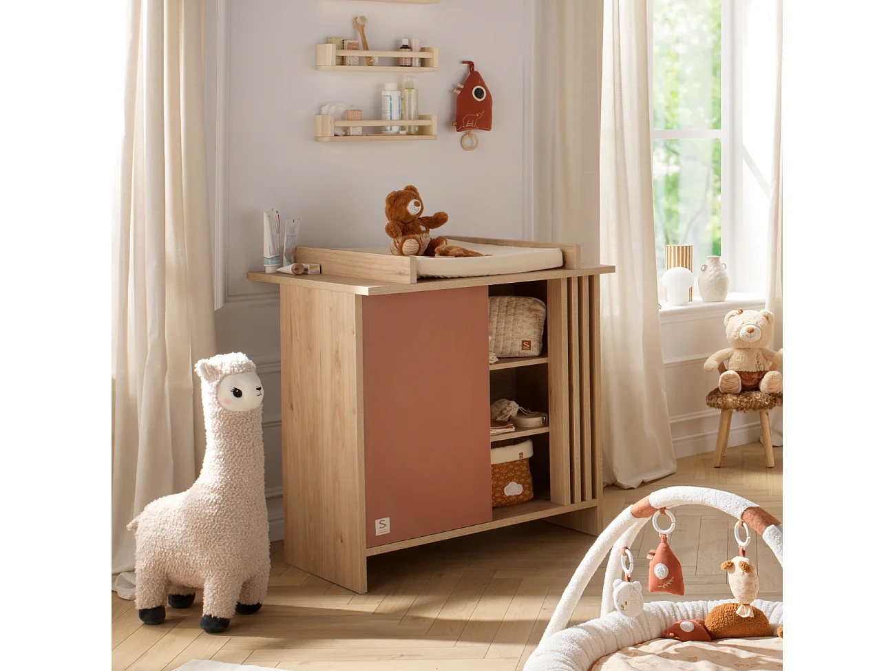 Cassettiera colorata a 1 anta con 3 nicchie e cleristorio in legno in decoro rovere Suave
