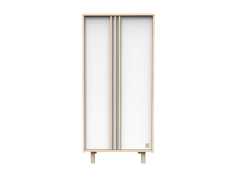 Armadio a 2 ante in velluto di rovere e decoro bianco con applique in legno