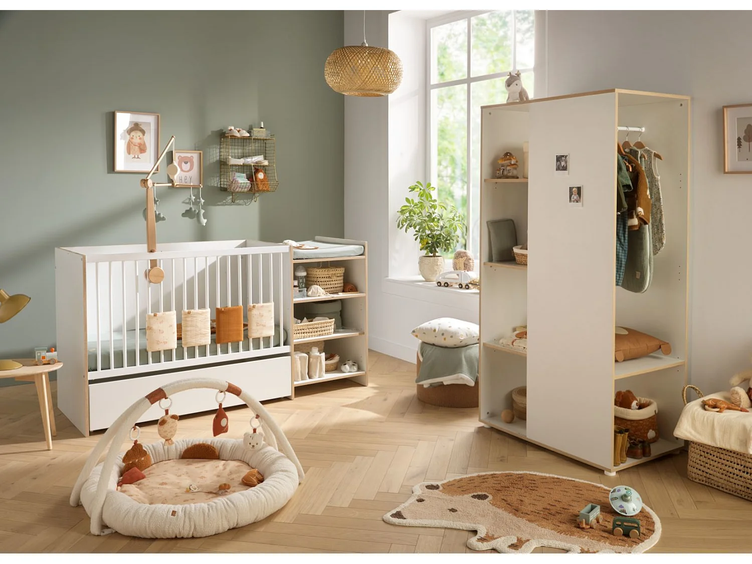 Meuble de rangement avec étagères et penderie en bois blanc et chant bois FIRST - BabyPrice