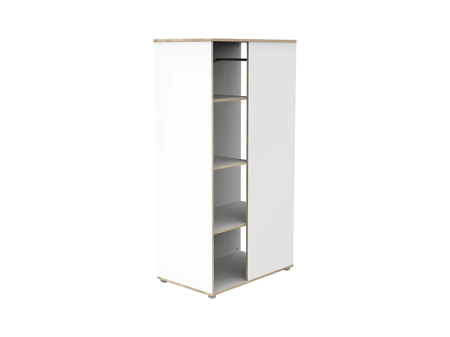 Mueble con estantes y espacio para colgar en madera blanca y cantos de madera