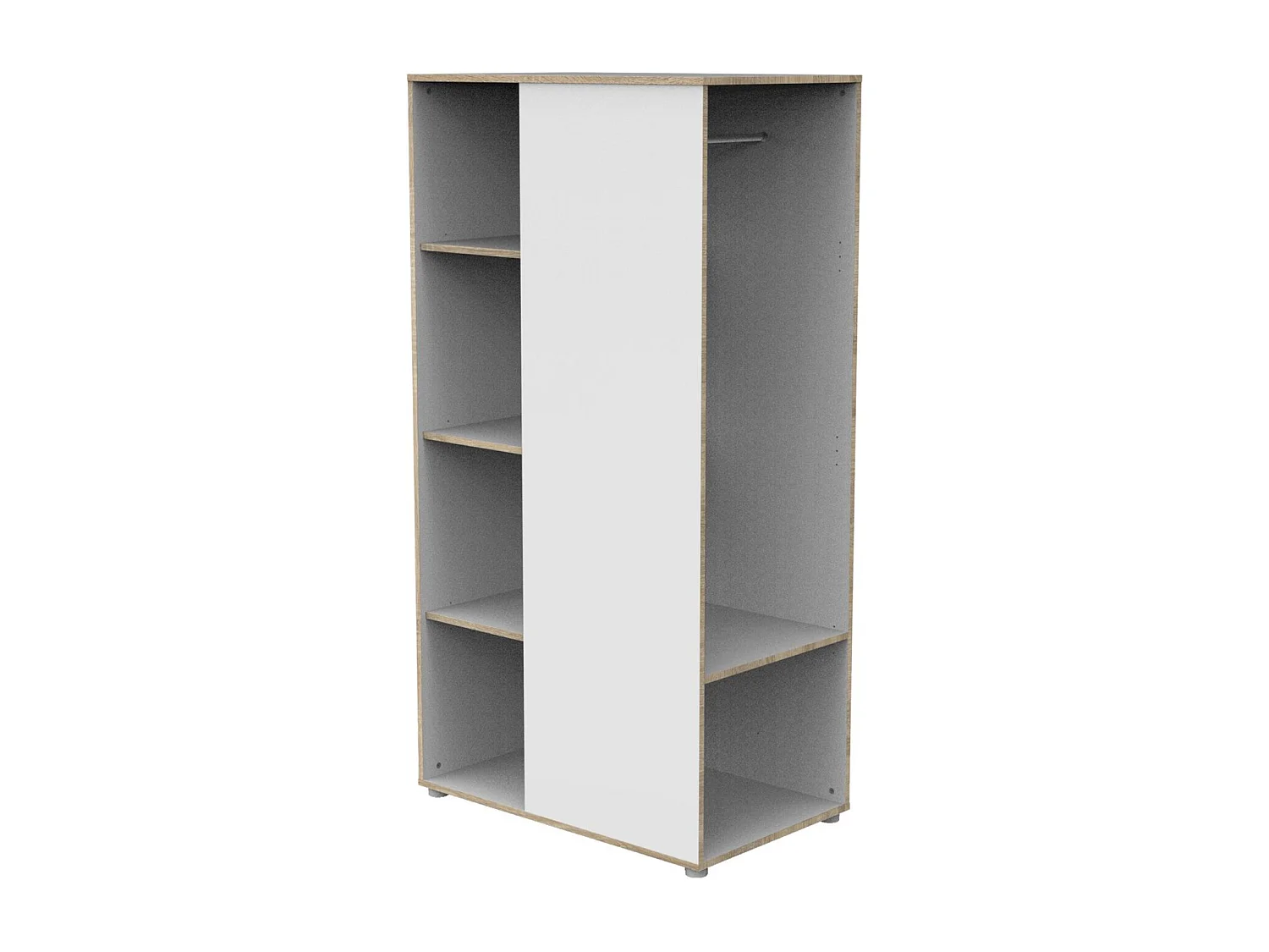 Mueble con estantes y espacio para colgar en madera blanca y cantos de madera