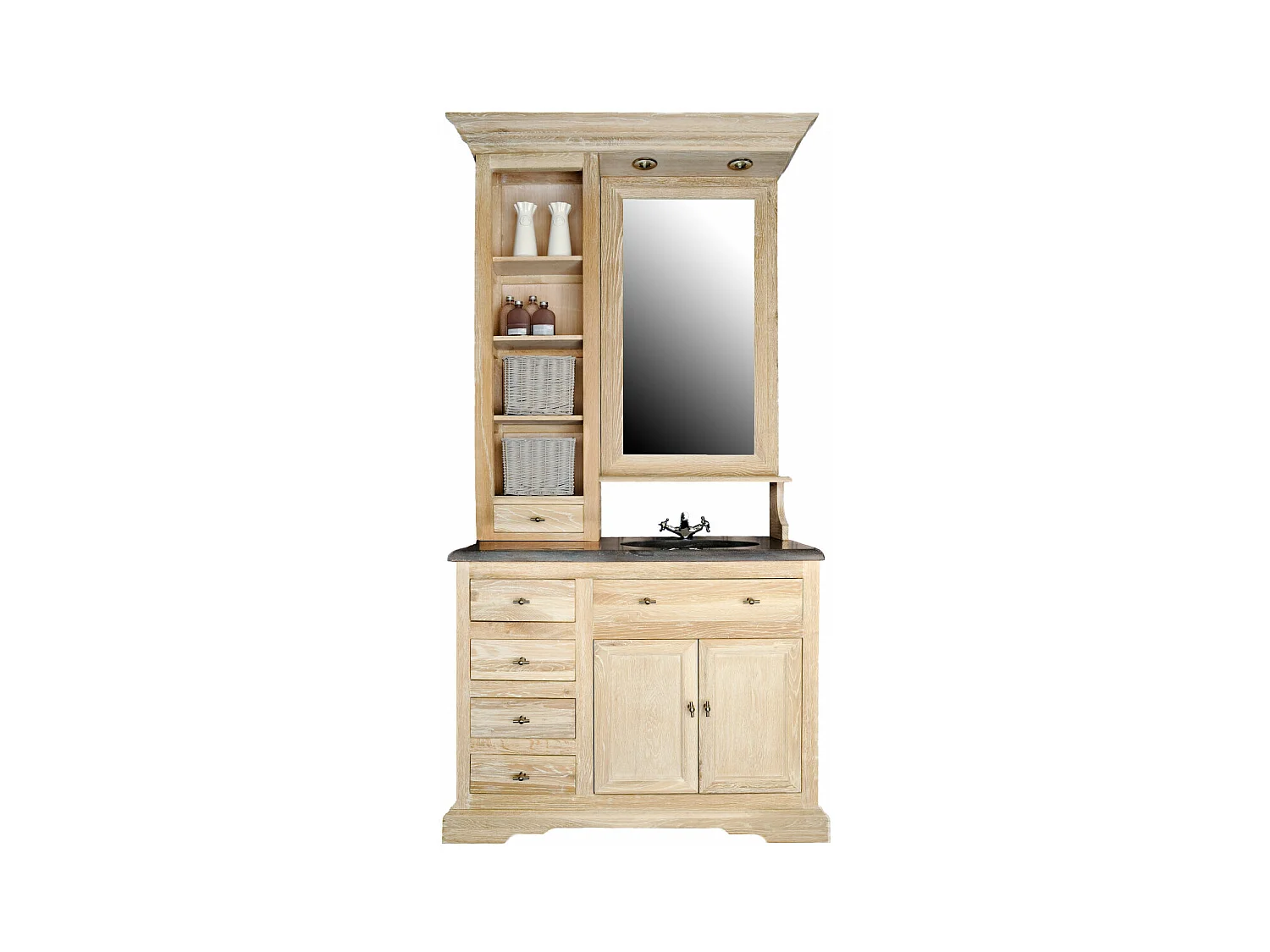 Meuble de salle de bain simple vasque en chêne massif et sa crédence - VÉRONE