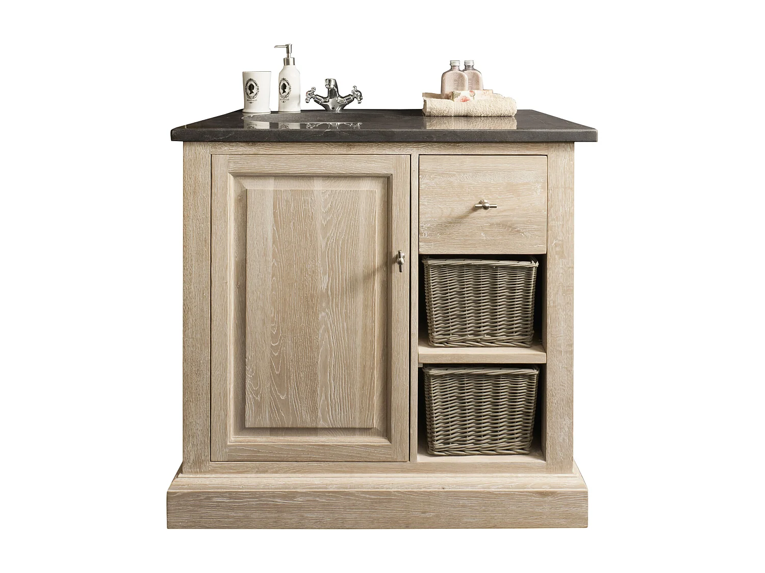 Meuble de salle de bain simple vasque chêne blanchi et pierre L90 - VÉRONE