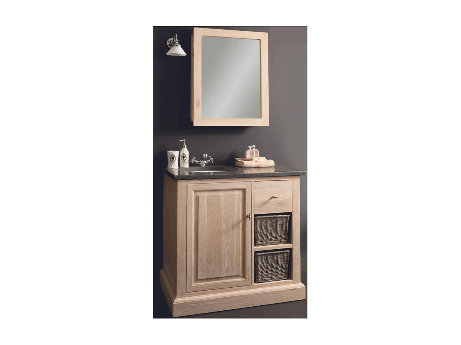 Meuble de salle de bain simple vasque chêne blanchi et pierre L90 - VÉRONE