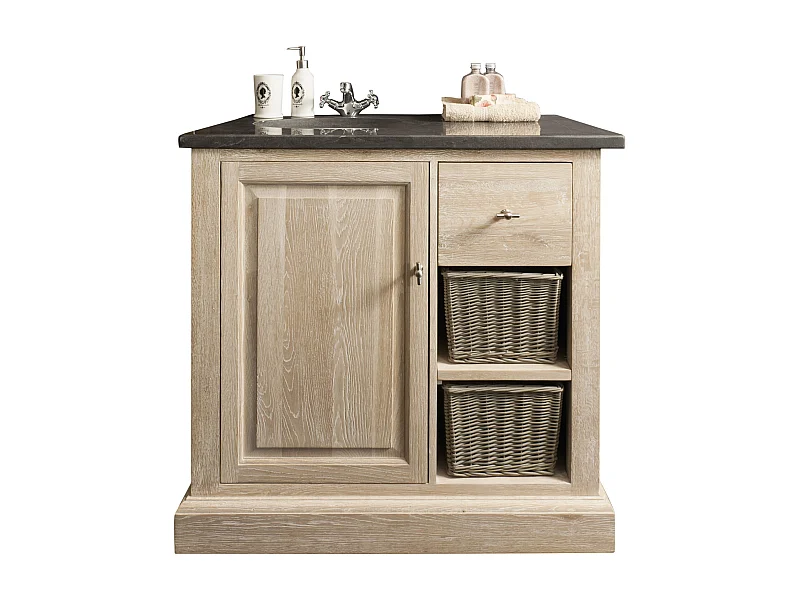 Meuble de salle de bain simple vasque chêne blanchi et pierre L90 - VÉRONE