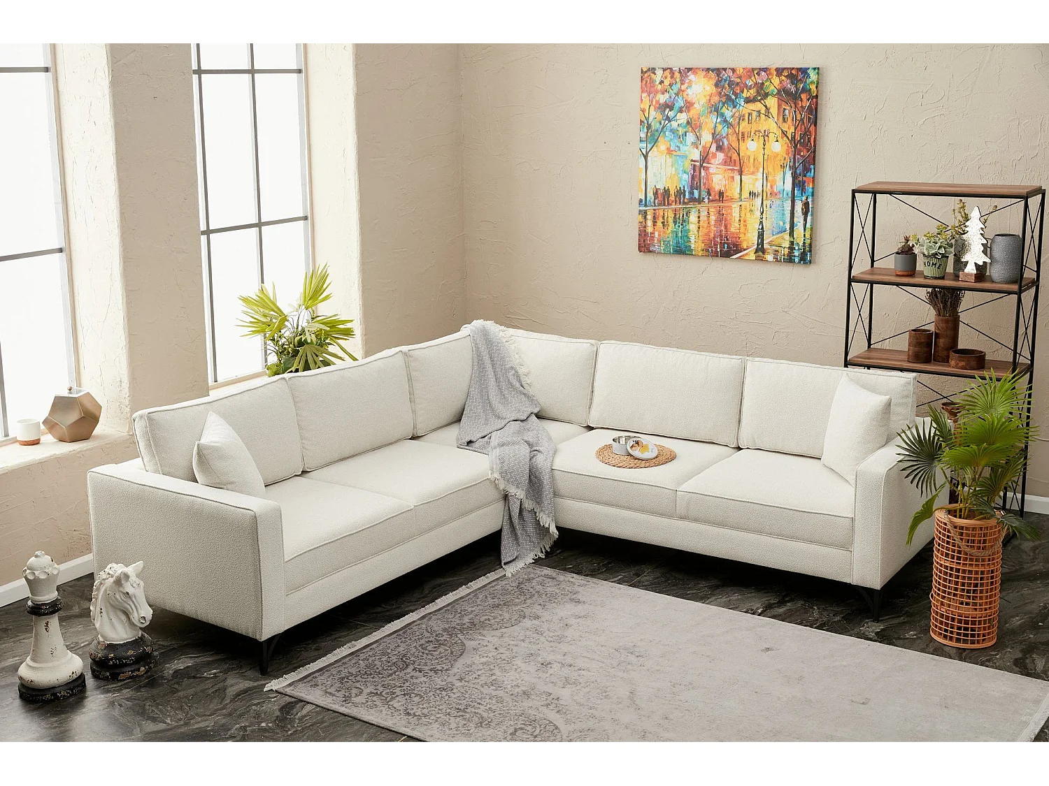 Canapé d'angle reversible Barlino Tissu Blanc crème pieds Noir