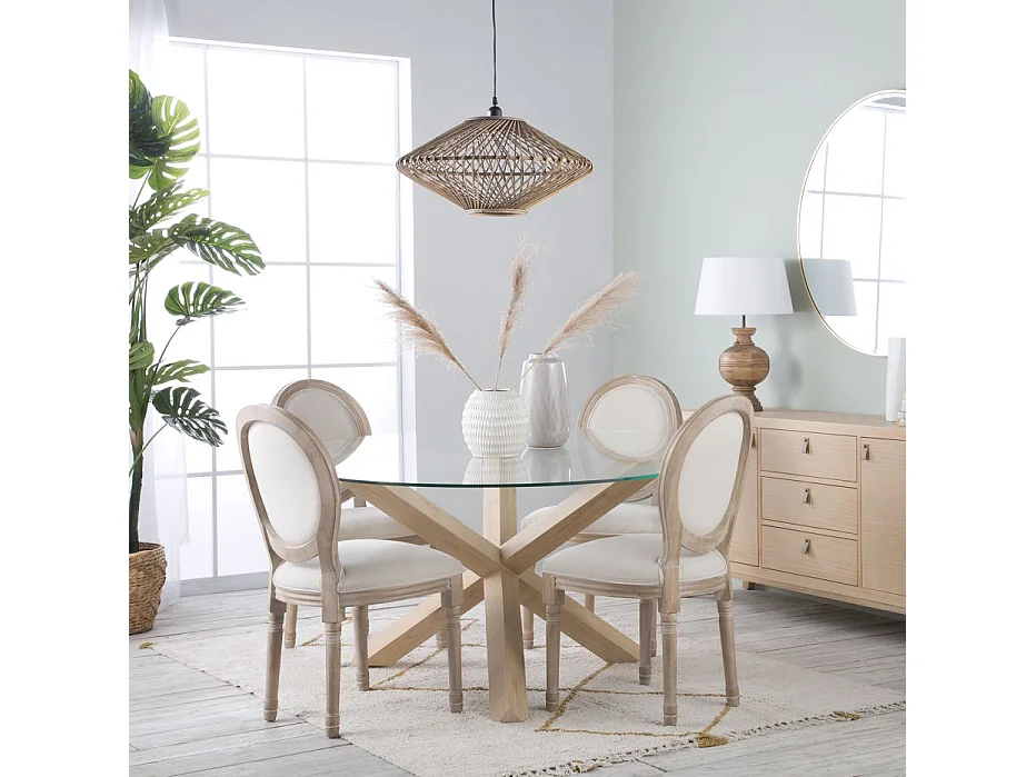 Tavolo da pranzo legno massello, impiallacciatura naturale di mindi e vetro naturale 120x75