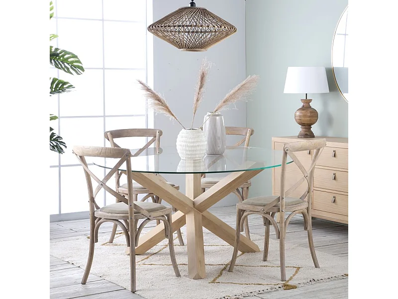 Tavolo da pranzo legno massello, impiallacciatura naturale di mindi e vetro naturale 120x75