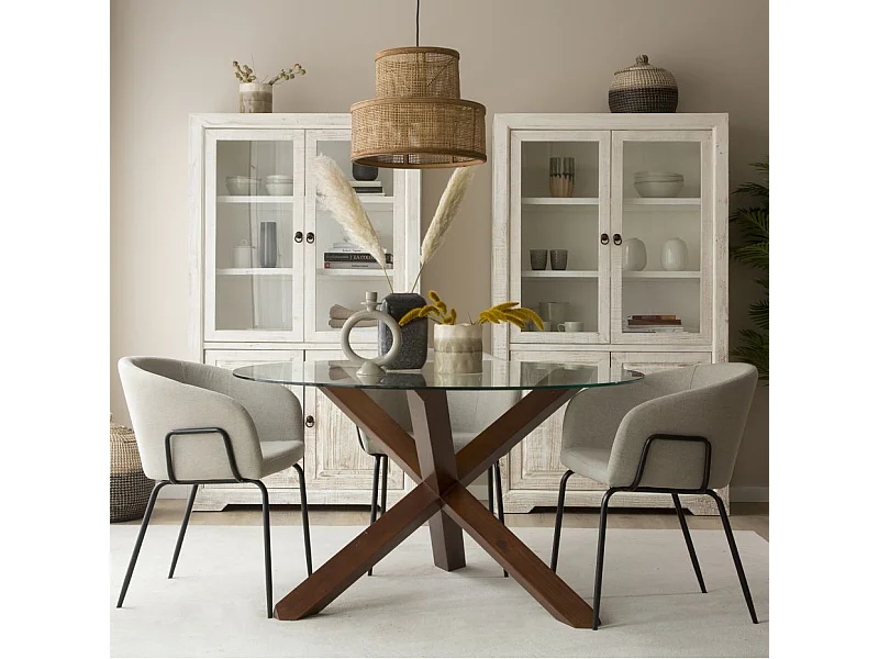 Tavolo da pranzo legno massello, impiallacciatura naturale di mindi e vetro Tek 120x75