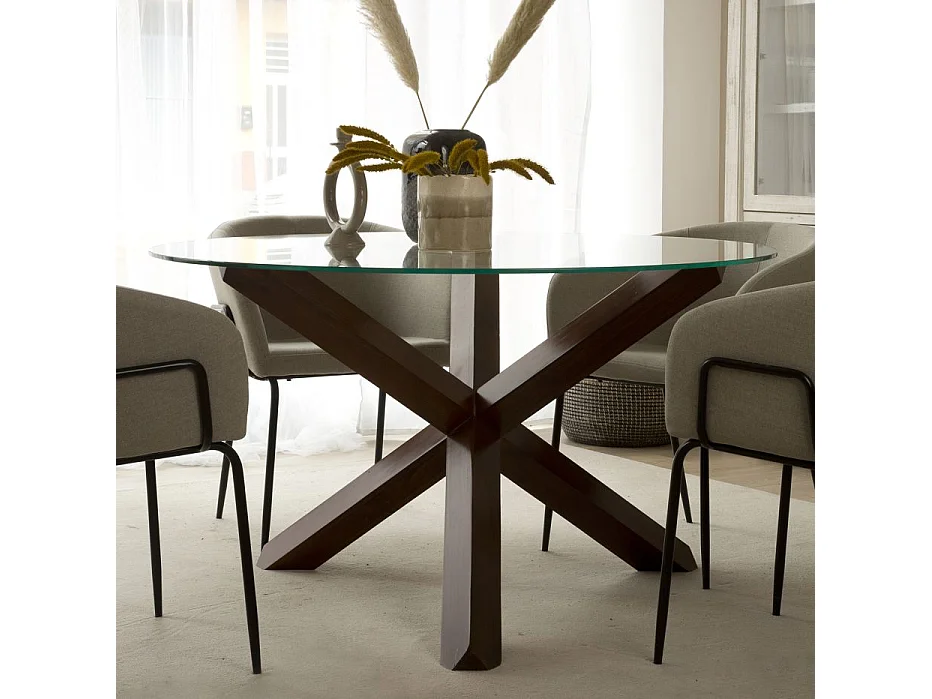 Tavolo da pranzo legno massello, impiallacciatura naturale di mindi e vetro Tek 120x75