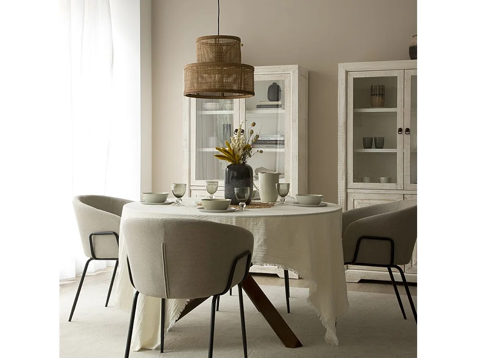 Tavolo da pranzo legno massello, impiallacciatura naturale di mindi e vetro Tek 120x75