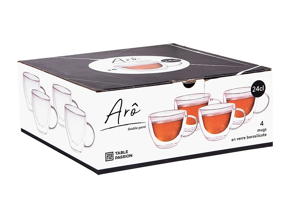 Set de 4 mugs de 24 cl Arô double paroi en verre borosilicate