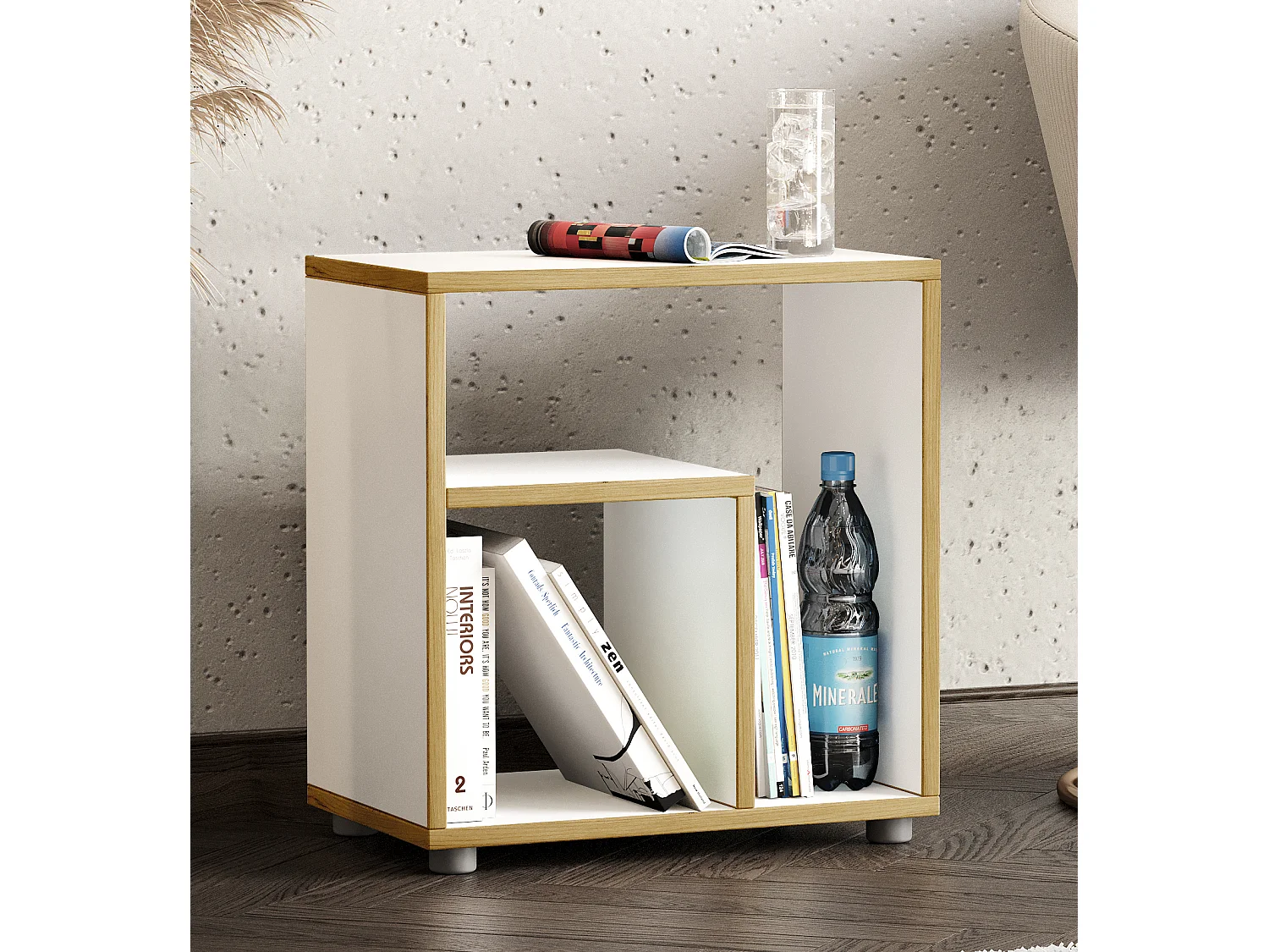 Mesa lateral de madeira VCM | Mesa de café simples | Dimensões A. 55 x L. 50 x P. 30 cm | Mesa de cabeceira | Mesa de Café - Zeito (Branco / Carvalho Mel)