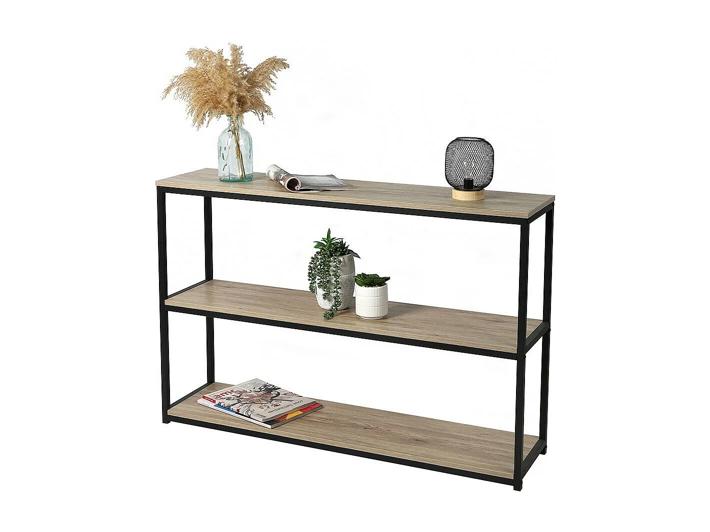 Boekenkast met 3 niveaus uit de RANONG-collectie - Industriële stijl, eiken en zwart gekleurd