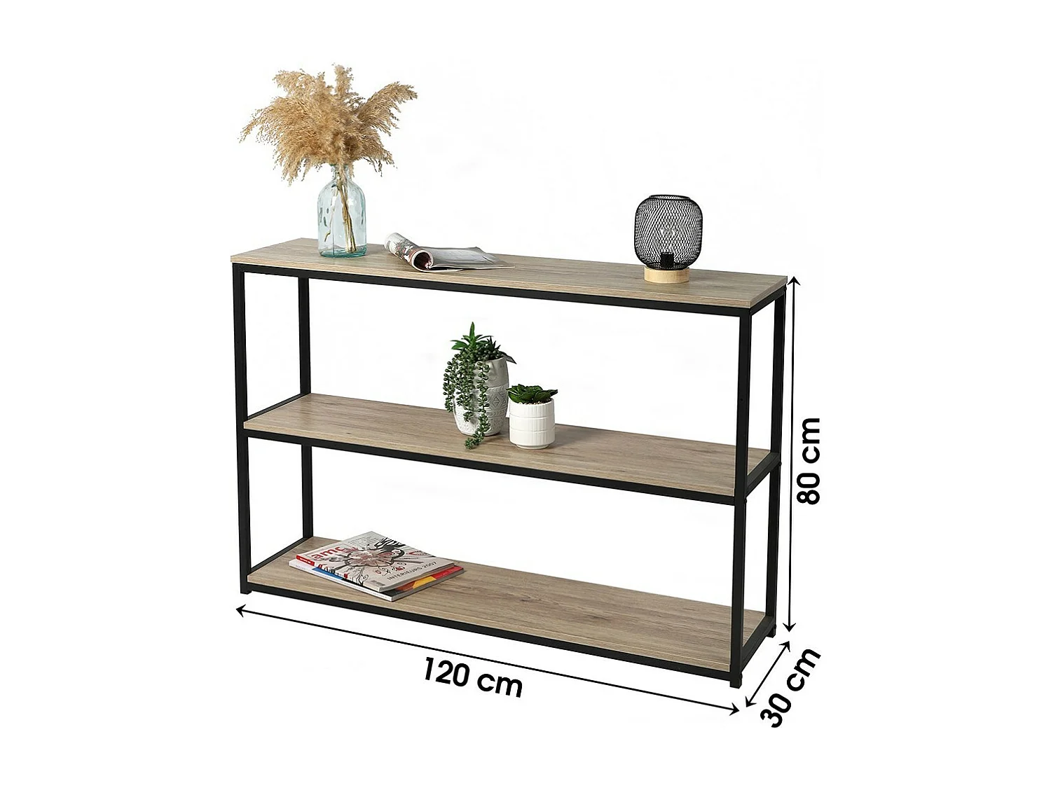 Boekenkast met 3 niveaus uit de RANONG-collectie - Industriële stijl, eiken en zwart gekleurd