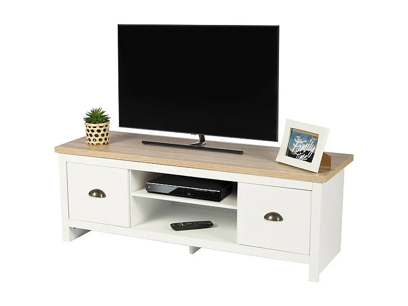 Meuble TV design colonial – 120x39,5xH42,5 cm, 2 tiroirs et 2 niches, coloris blanc et plateau chêne clair – Collection MADERA
