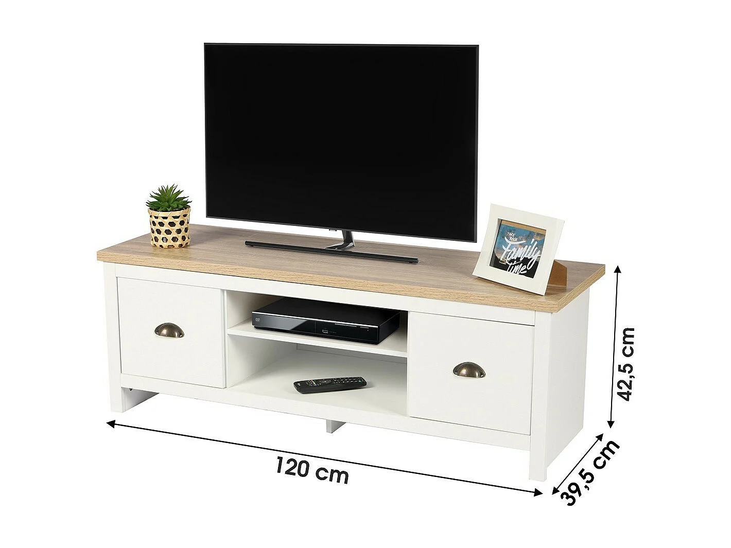 Meuble TV design colonial – 120x39,5xH42,5 cm, 2 tiroirs et 2 niches, coloris blanc et plateau chêne clair – Collection MADERA