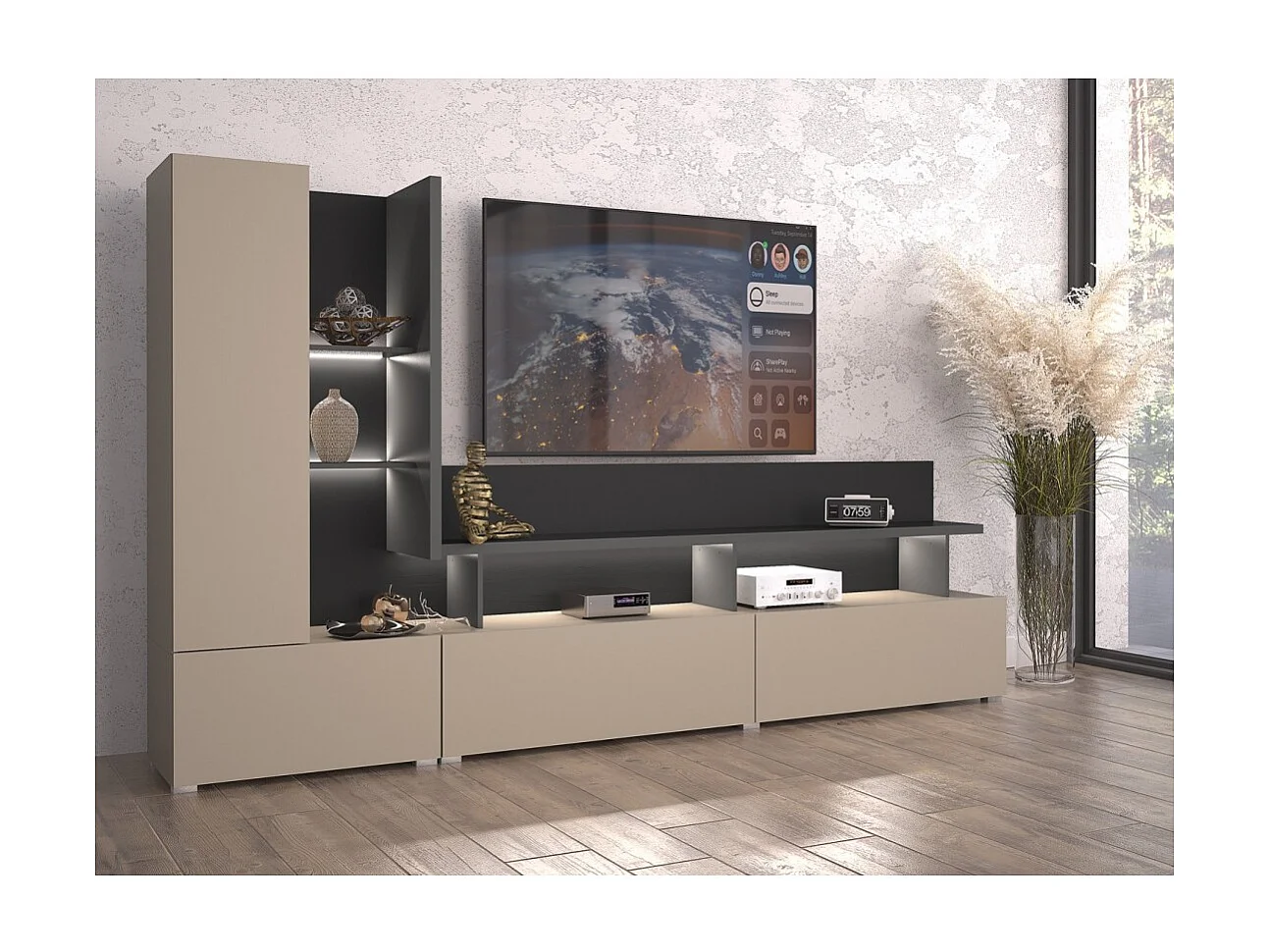 Wandmeubel TV NESS – Set 270 cm – 2 laden, 2 deuren, 10 vakken – Afwerking Congo