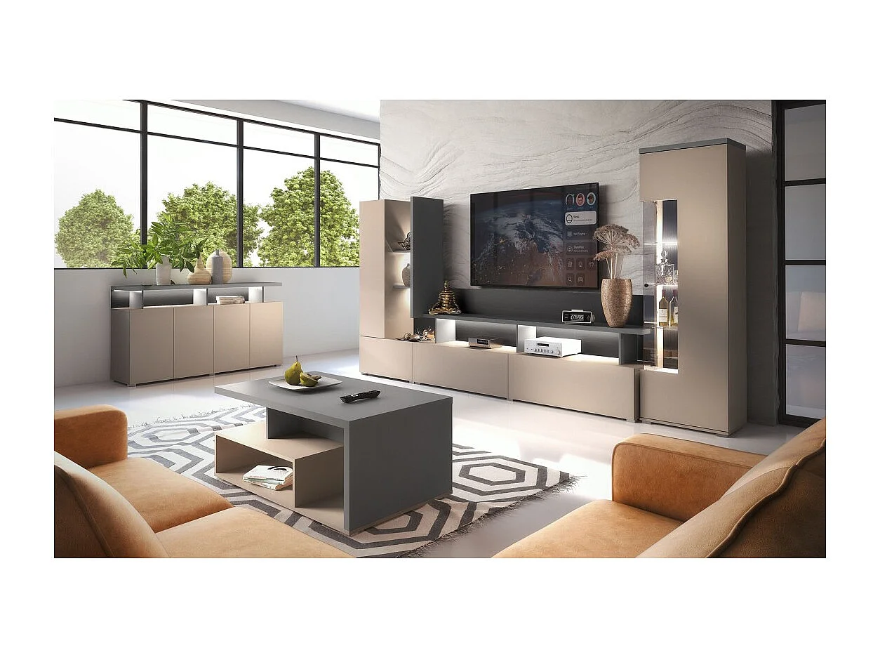 Wandmeubel TV NESS – Set 270 cm – 2 laden, 2 deuren, 10 vakken – Afwerking Congo