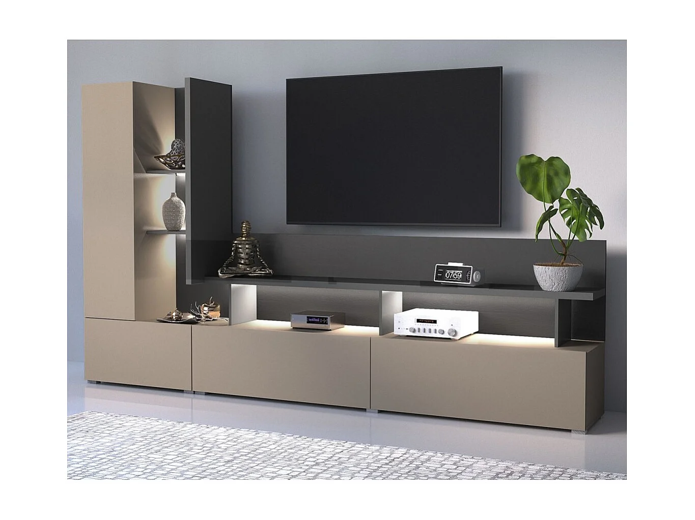 Meuble TV mural NESS – Ensemble 270 cm – 2 tiroirs, 2 portes, 10 niches – Finition Congo