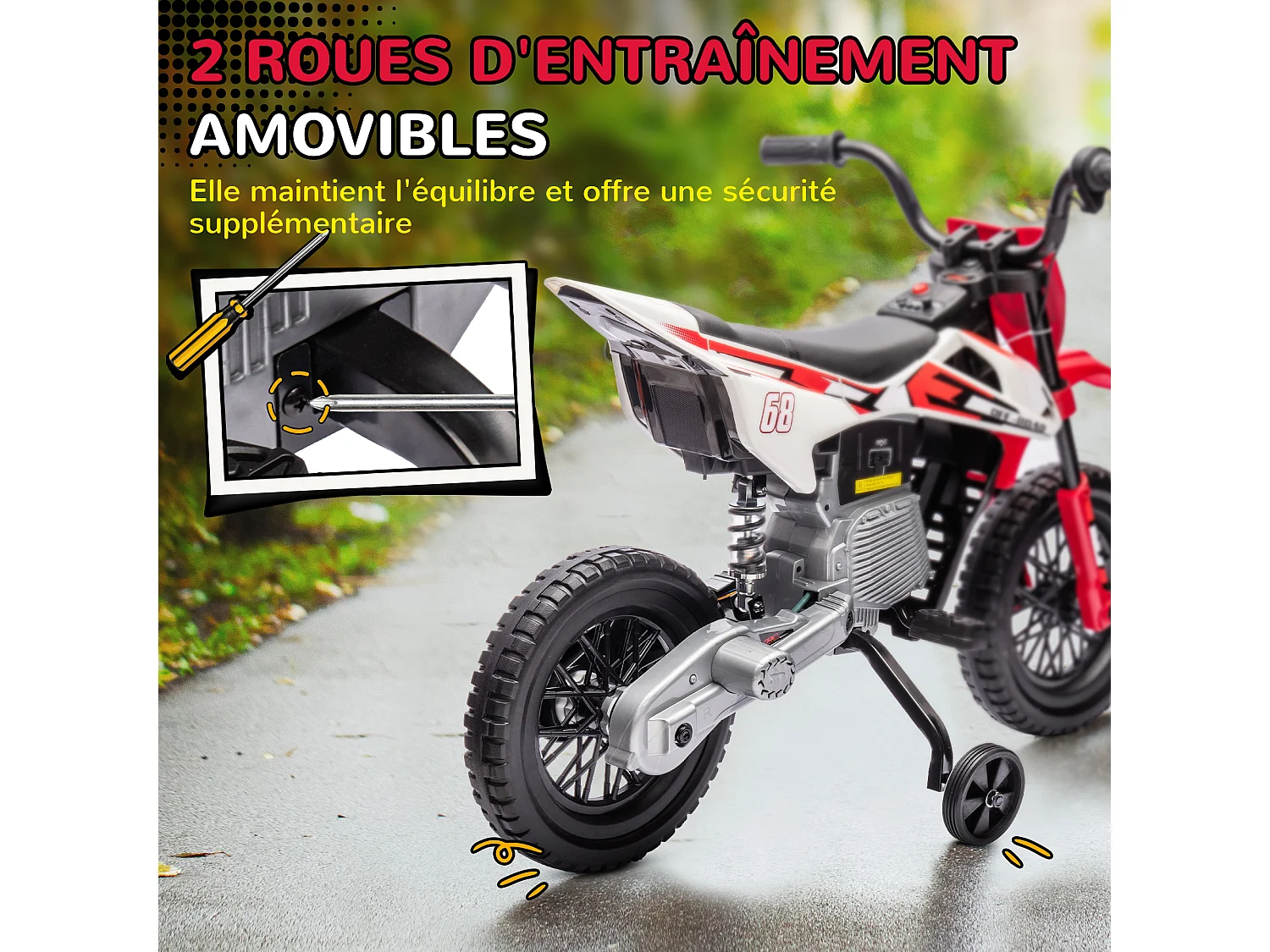 Moto cross électrique dirt bike enfant 12V 2 moteurs 2 vitesses 2,4-5 Km/h musiques rouge