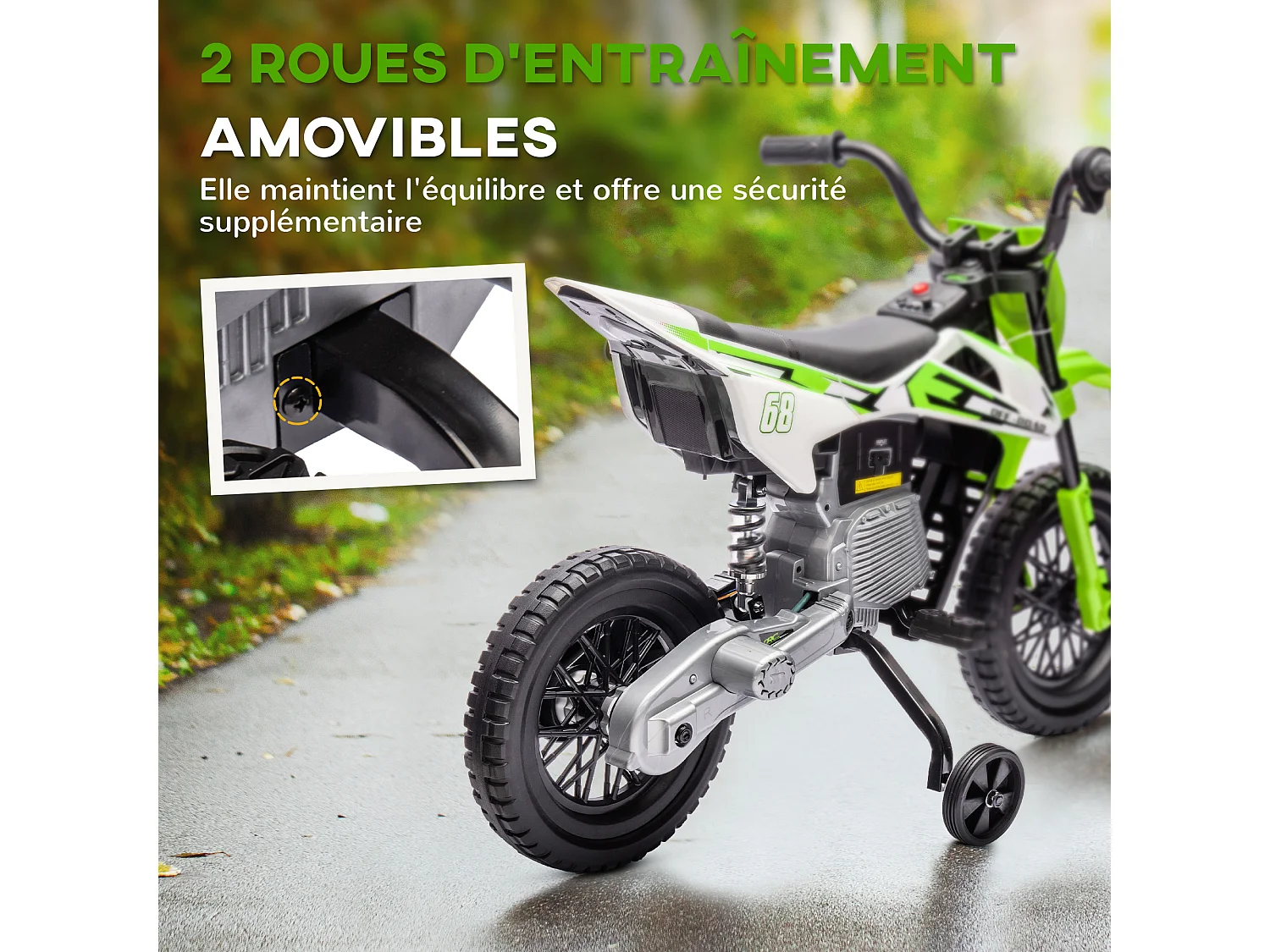 Moto cross électrique dirt bike enfant 12V 2 moteurs 2 vitesses 2,4-5 Km/h musiques vert
