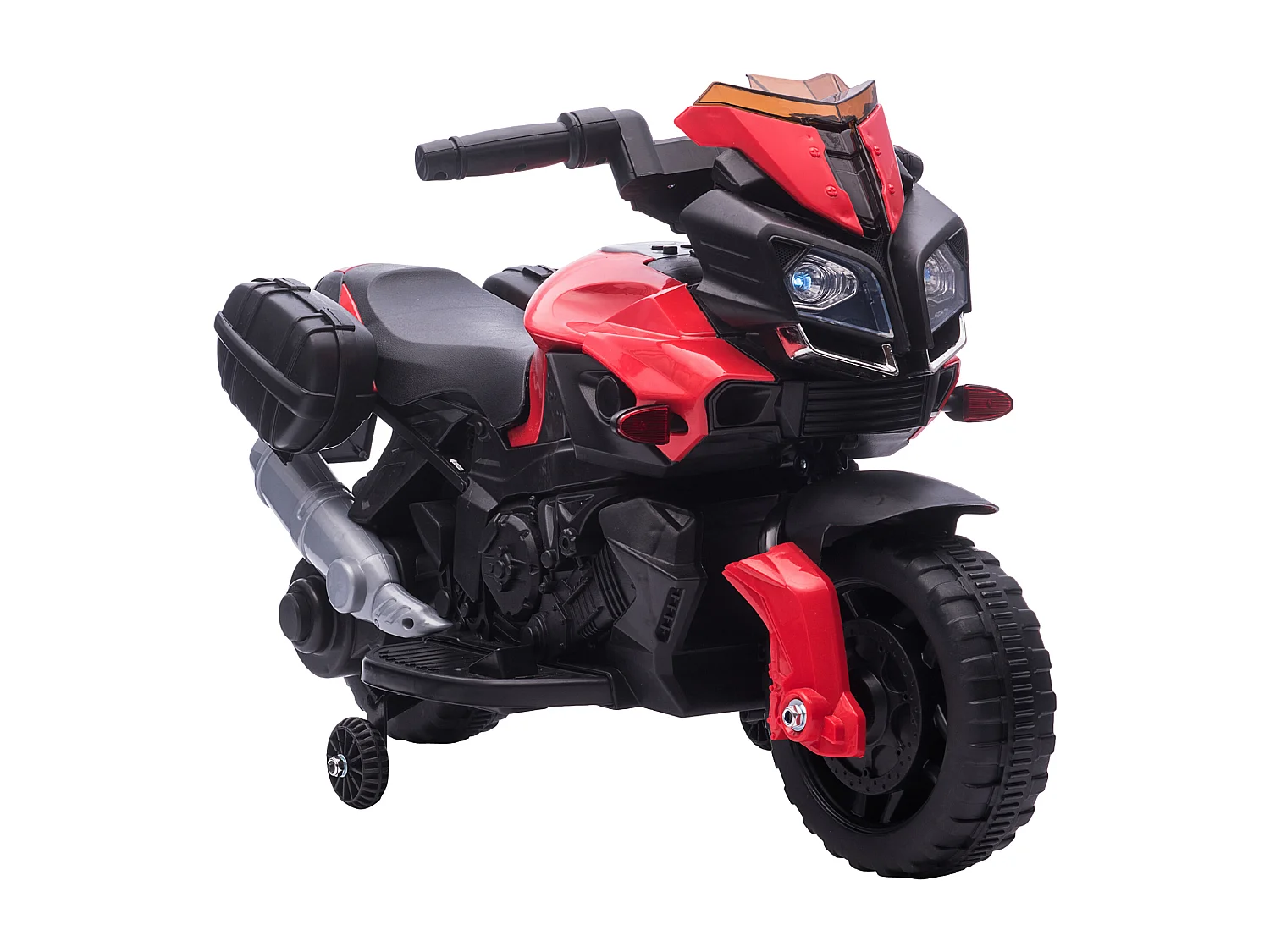 Moto électrique enfant 6 V 3 Km/h effet lumineux et sonore roulettes amovibles repose-pied valises latérales métal PP rouge noir