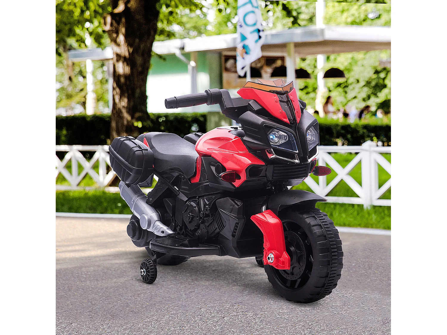 Moto électrique enfant 6 V 3 Km/h effet lumineux et sonore roulettes amovibles repose-pied valises latérales métal PP rouge noir