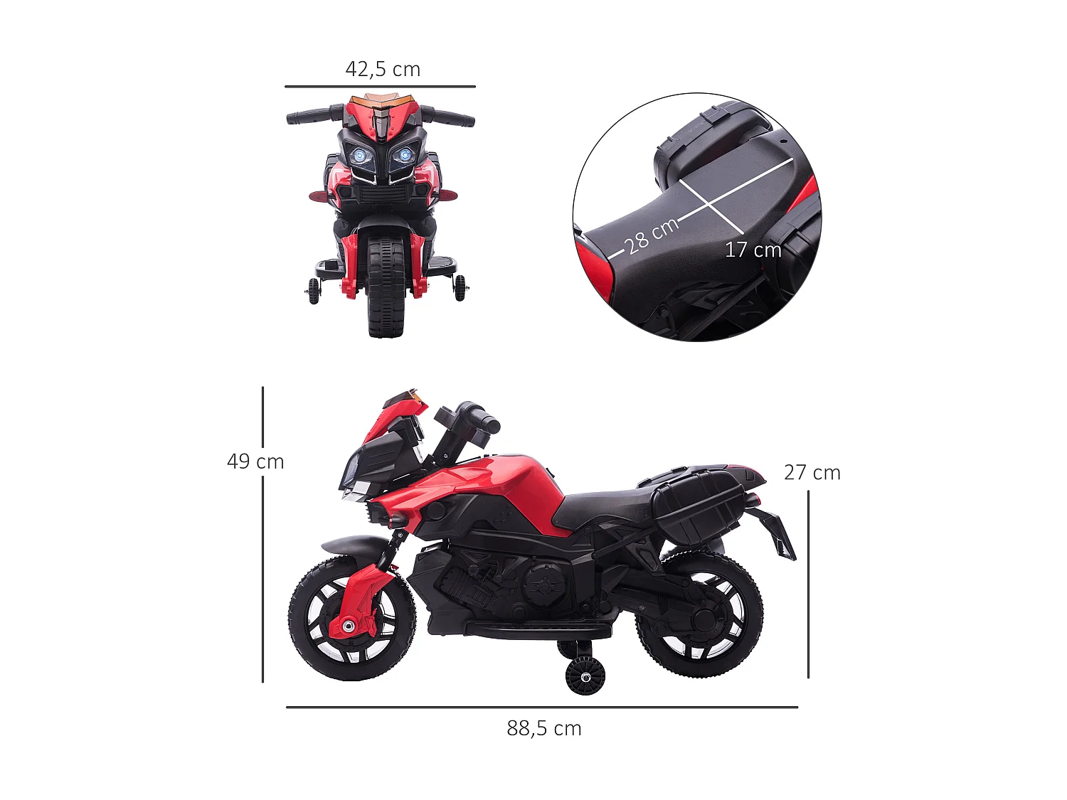 Moto électrique enfant 6 V 3 Km/h effet lumineux et sonore roulettes amovibles repose-pied valises latérales métal PP rouge noir