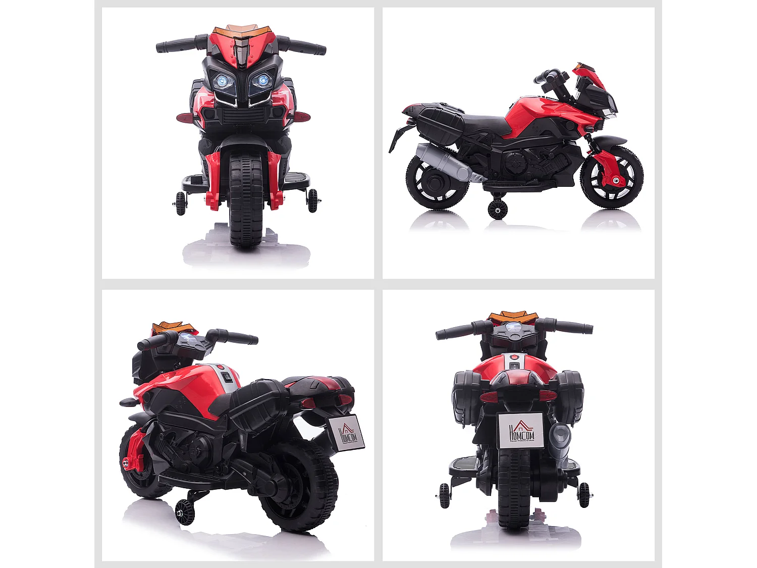 Moto électrique enfant 6 V 3 Km/h effet lumineux et sonore roulettes amovibles repose-pied valises latérales métal PP rouge noir