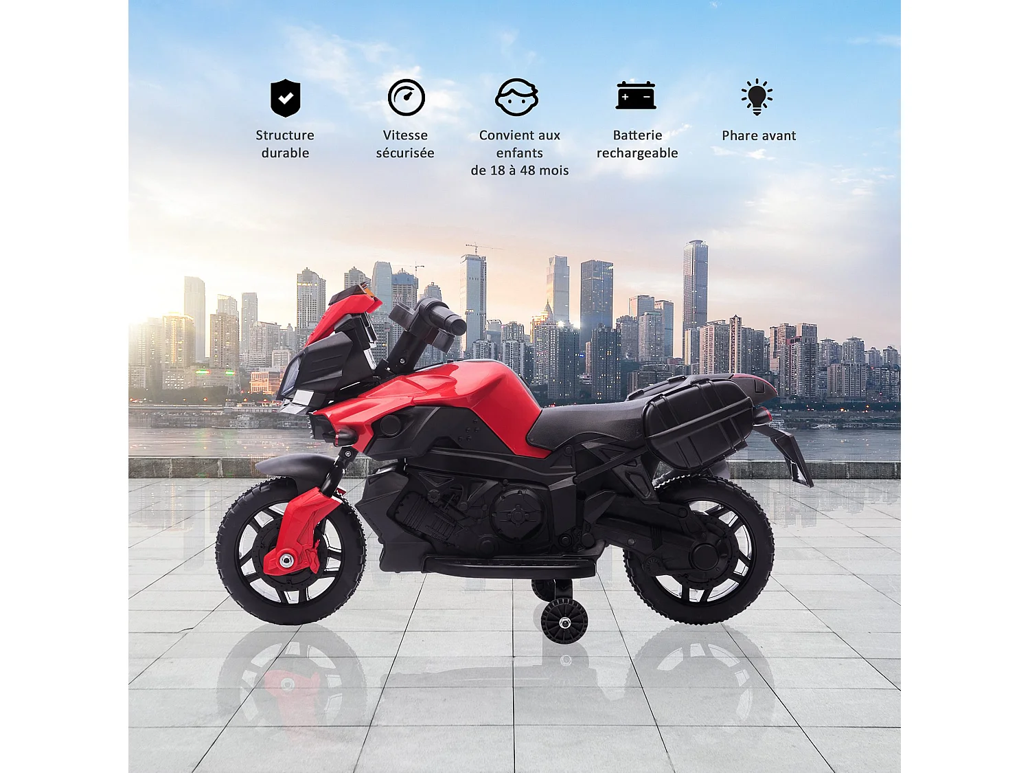 Moto électrique enfant 6 V 3 Km/h effet lumineux et sonore roulettes amovibles repose-pied valises latérales métal PP rouge noir