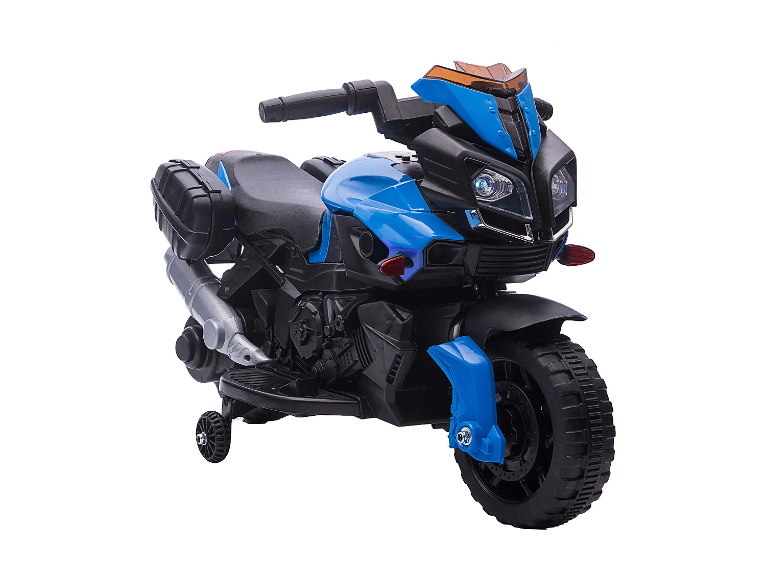 Moto électrique enfant 6 V 3 Km/h effet lumineux et sonore roulettes amovibles repose-pied valises latérales métal PP bleu noir