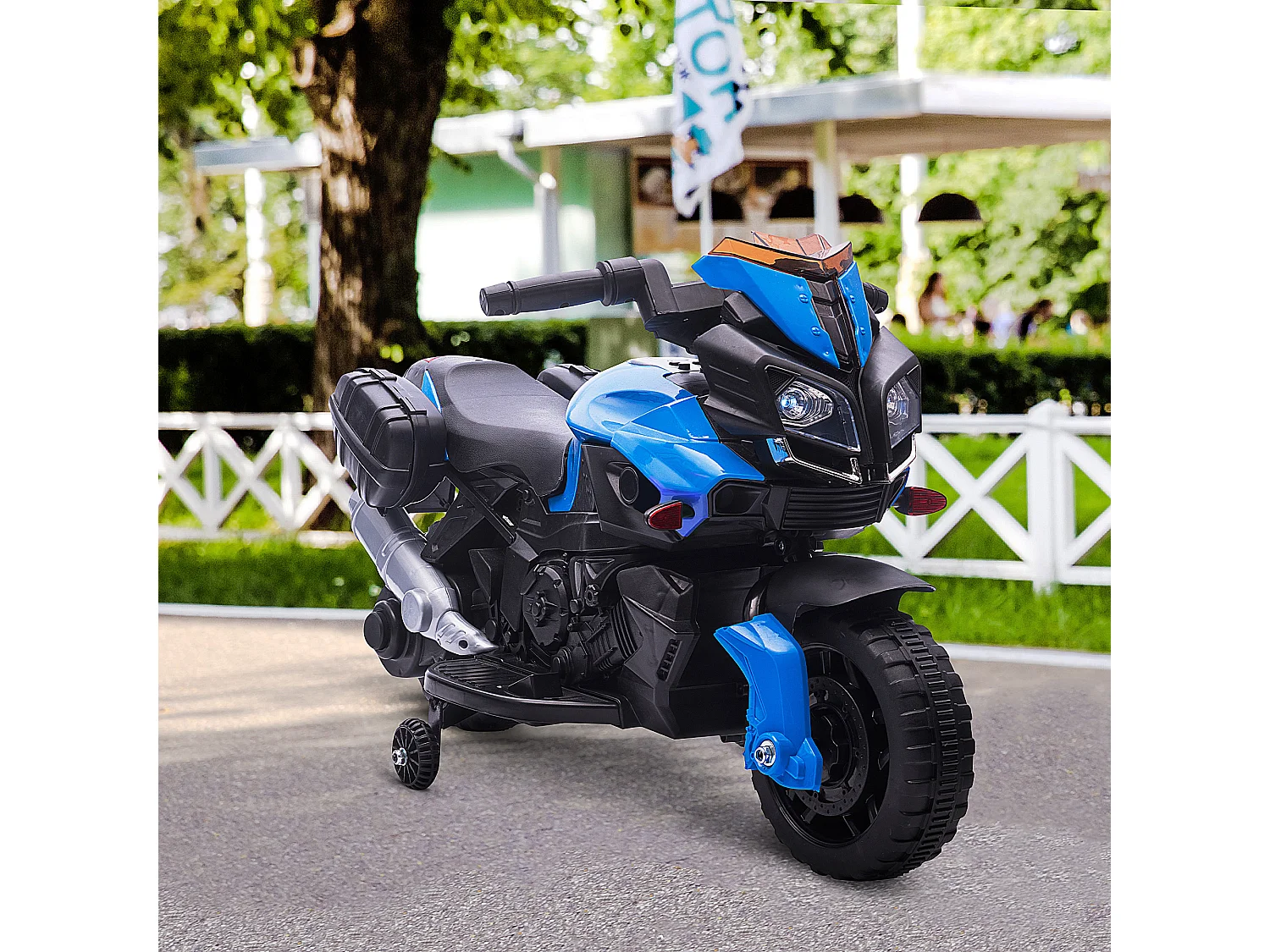 Moto électrique enfant 6 V 3 Km/h effet lumineux et sonore roulettes amovibles repose-pied valises latérales métal PP bleu noir